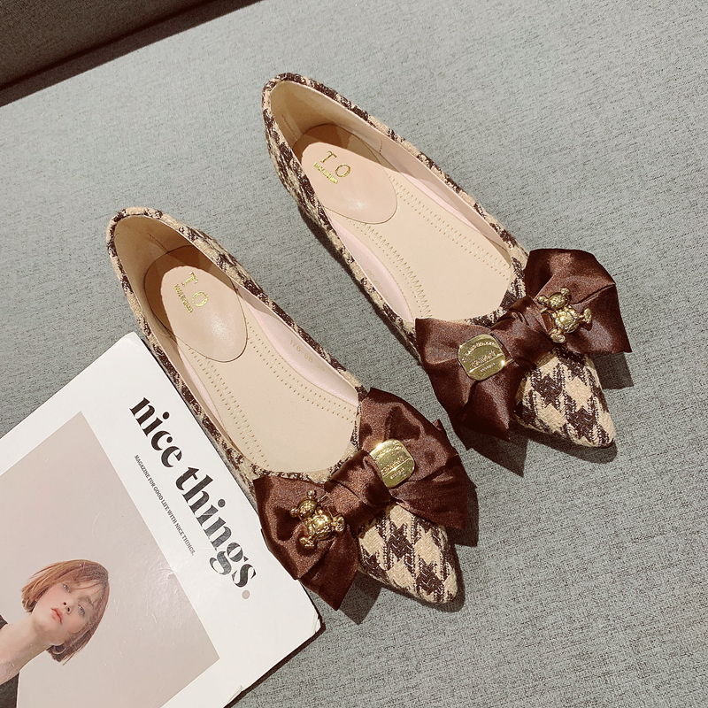 蝴蝶结千鸟格浅口尖头低跟单鞋女