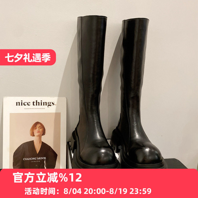 2026年新款英伦风松糕厚底不过膝单里高筒时装靴女显瘦长筒骑士靴