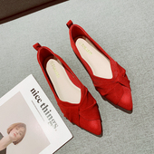 女2025年新款 韩版 浅口尖头百搭软底仙女鞋 红色婚鞋 布面平底单鞋