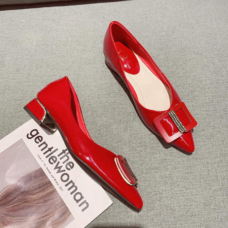 浅口尖头单鞋粗跟低跟鞋软底瓢鞋