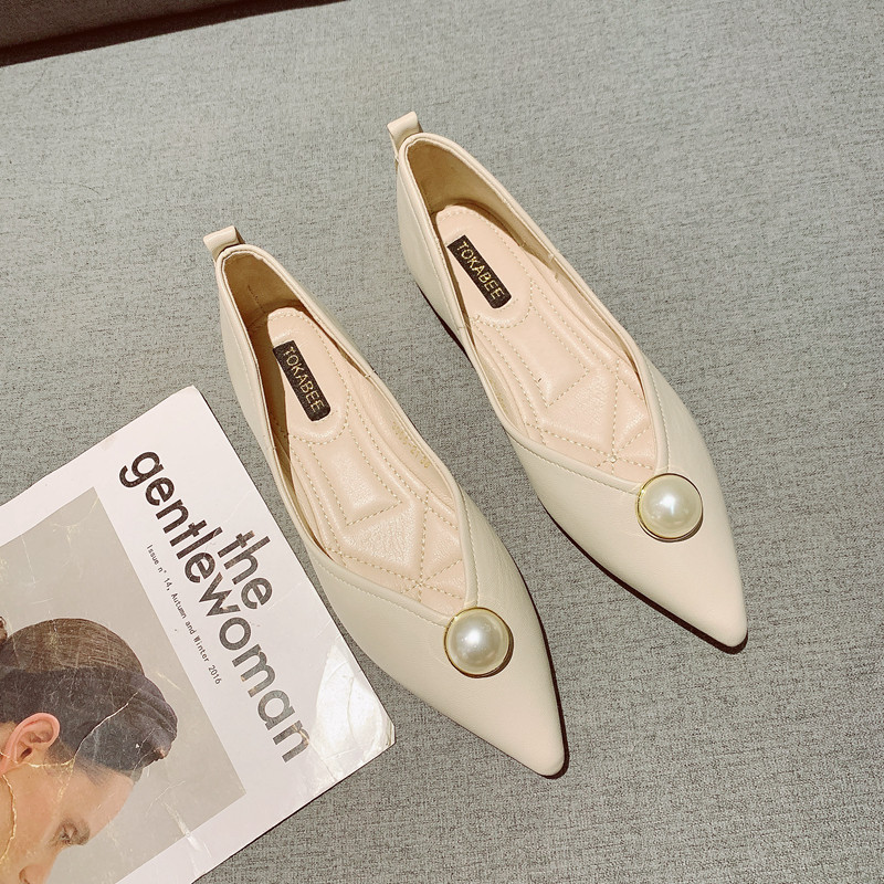新款尖头珍珠舒适软皮平底单鞋
