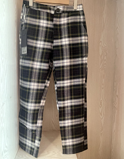 高品质LXL春秋1195元薄羊毛呢不对称英伦风格子九分长裤休闲裤女