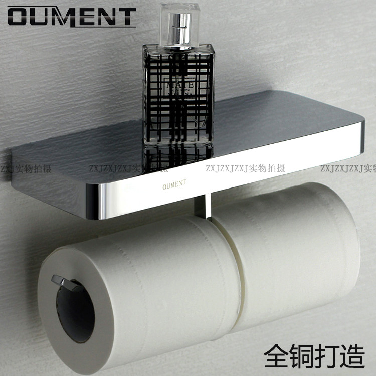 全铜牛皮纸巾挂架 酒店卫生纸巾架 手机小置物架 轻奢双卷纸架