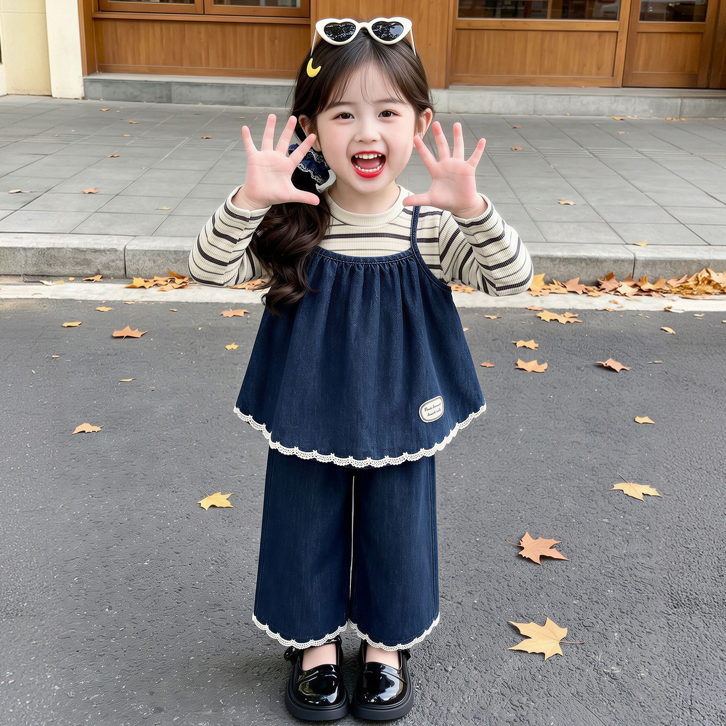 外贸女童春季条纹打底牛仔三件套2026新款洋气儿童套装网红童装潮