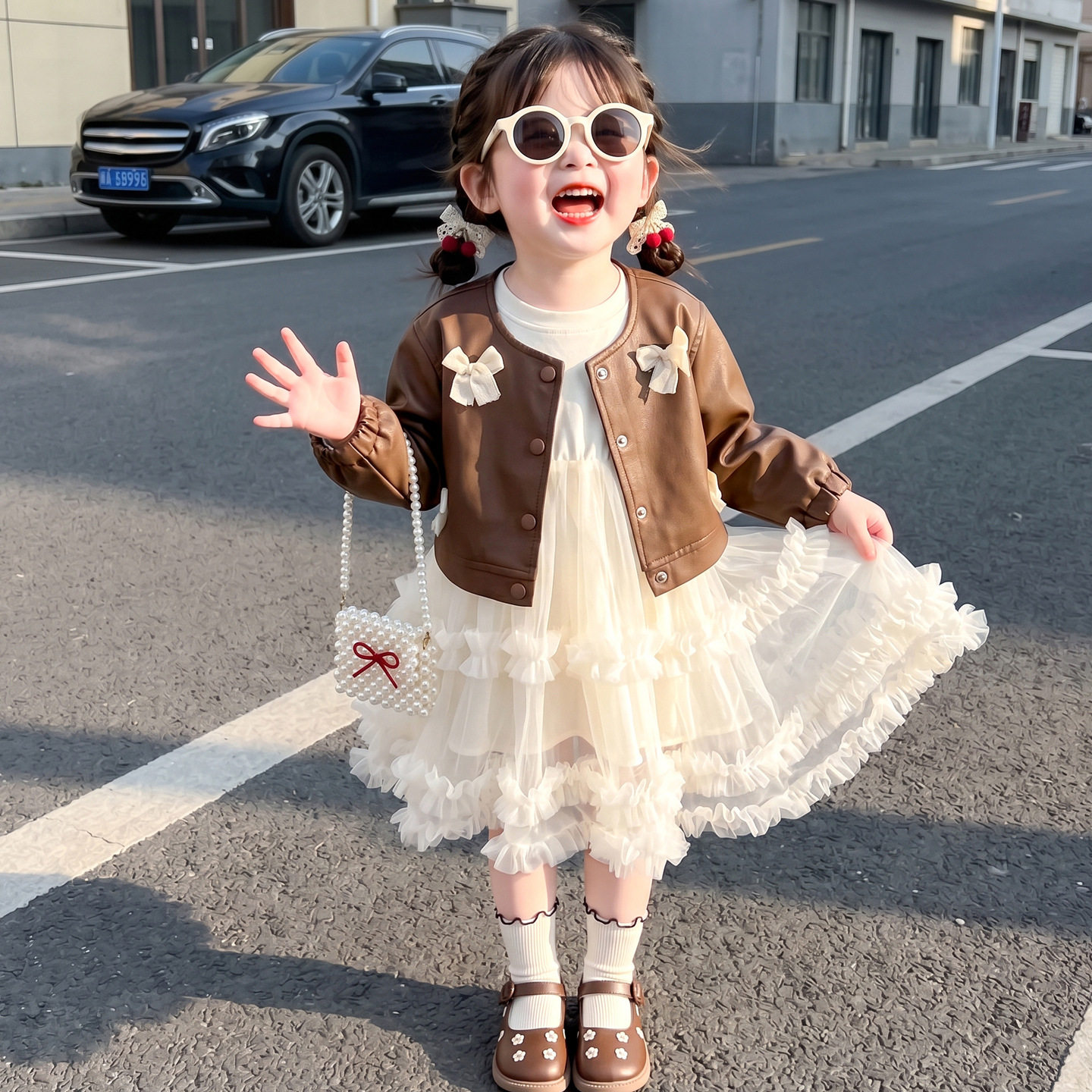 女童蝴蝶结皮衣纱裙套装2026秋季新款韩版洋气两件套一件代发童装
