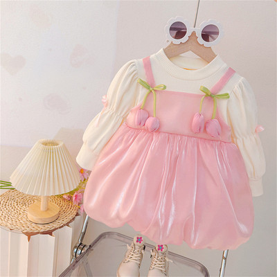 女童连衣裙秋装2025新款女宝宝周岁礼服小童仿绸缎时尚花苞公主