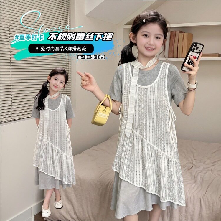 女童2026年夏季新款蕾丝罩衫叠穿连衣裙学生时髦短袖T裙中长款裙