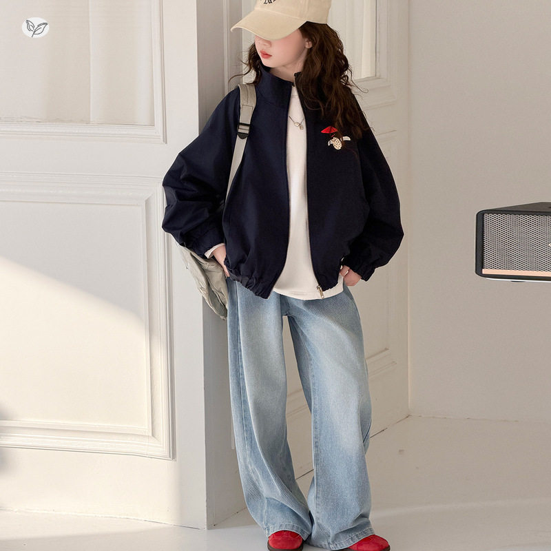 女童夹克衫2026秋季新款中大儿童短款圆领棒球服外套印花长袖开衫
