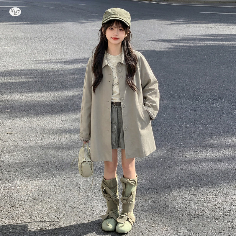 女童风衣2026秋新款中大童英伦风中长款大衣外套秋装翻领长袖开衫
