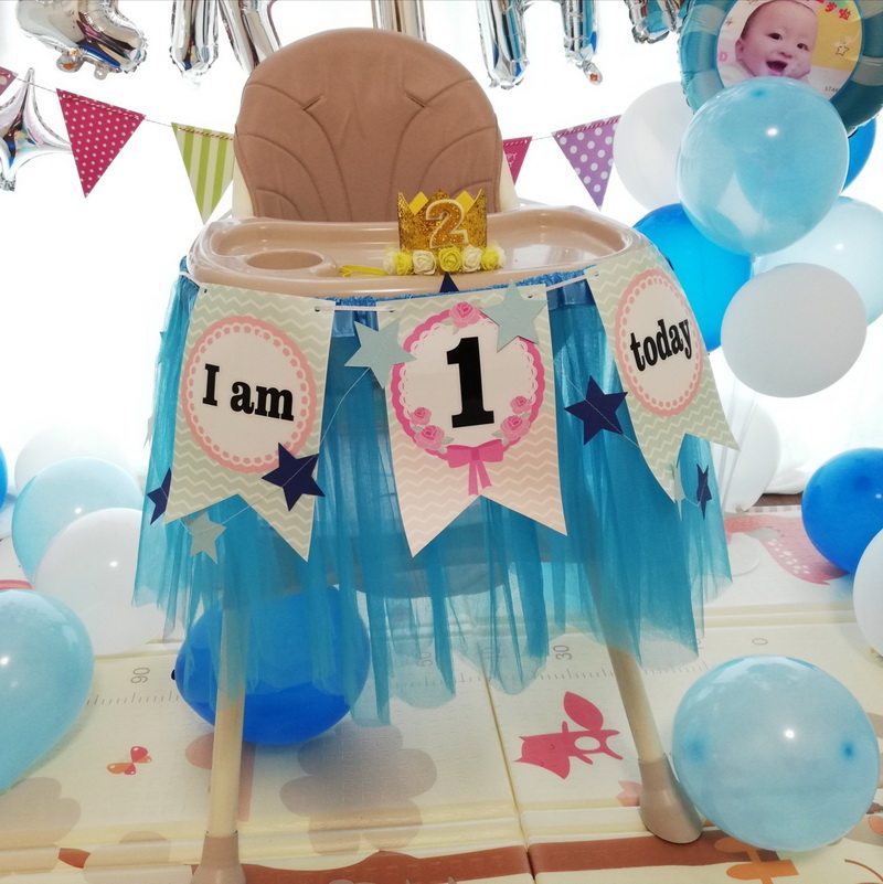 男女宝宝一周岁生日餐椅装饰纱裙婴儿车甜品桌布置网纱拉旗三件套