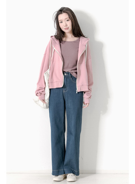 KNgs 春秋新品显瘦复古蓝色高腰窄版长裤直筒阔腿裤牛仔裤女