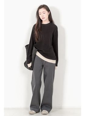 KNgs 冬季复古风设计感宽松假两件拼接磨毛加厚长袖t恤打底衫女