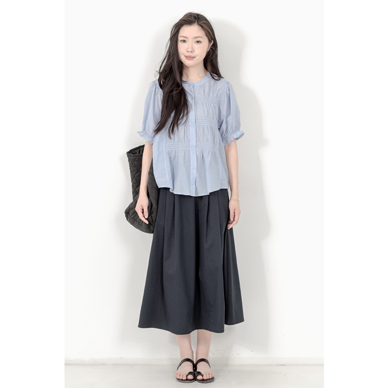 KNgs 夏季日系复古风设计感显瘦褶皱收腰圆领短袖薄款衬衫女上衣