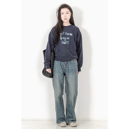 KNgs 冬季日系设计感宽松套头加厚加绒无帽刺绣字母圆领卫衣女