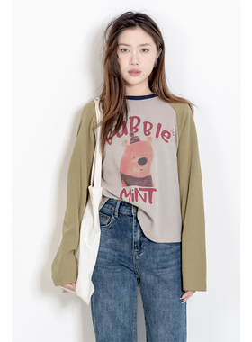 KNgs 春秋复古拼接插肩袖印花撞色设计感圆领短款长袖打底衫t恤女