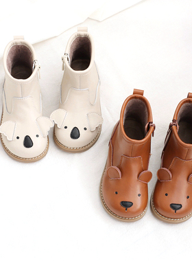 儿童靴子秋冬可爱小熊加绒二棉男童加绒女童洋气宝宝真皮短靴单靴