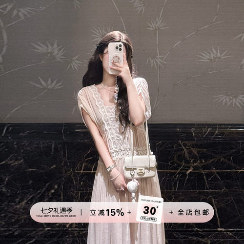 YIKOwow人丝苎麻蕾丝拼接连衣裙