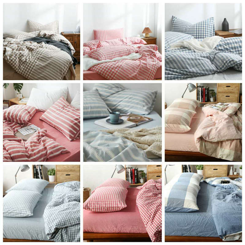 外日式格子色织水洗棉三件套学生全纯棉床品四套件1.8米双人被套