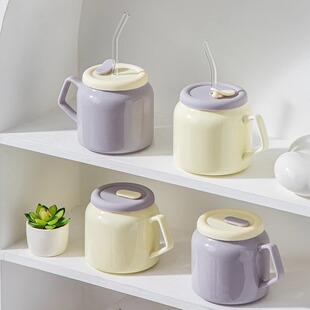 高颜值马克杯带盖杯子办公室陶瓷女水杯奶呼呼大容量吸管杯情侣杯