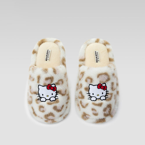 豹纹毛毛拖鞋女秋冬新款helloKitty室内静音保暖居家防滑棉拖鞋女