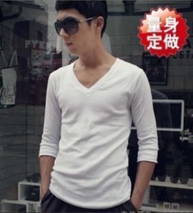 韩版男士白色修身V领七分袖T恤时尚7分袖单衣 男款百搭v领中袖t恤