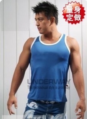 男士蓝色白边运动背心时尚休闲拼边无袖打底单衣薄款健身吸汗背心