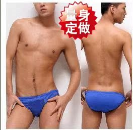 男士泰国风低腰蓝色泳裤时尚透气三角泳裤纯色男游泳裤性感短裤头