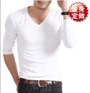 春秋季男士修身白色V领长袖T恤时尚纯棉百搭单衣男款鸡心领打底衫
