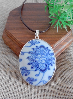 手工925纯银饰镶嵌 清代 青花宝相花 古瓷老瓷片首饰礼品 吊项坠