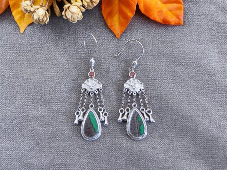 手工925纯银镶嵌 康熙官窑 宫廷御用龙纹祥云 古瓷老瓷片耳环耳坠