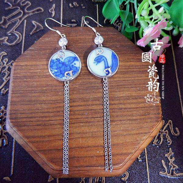 手工925纯银镶嵌 明 青花瓷 古瓷老瓷片首饰礼物品 特色 耳环坠挂