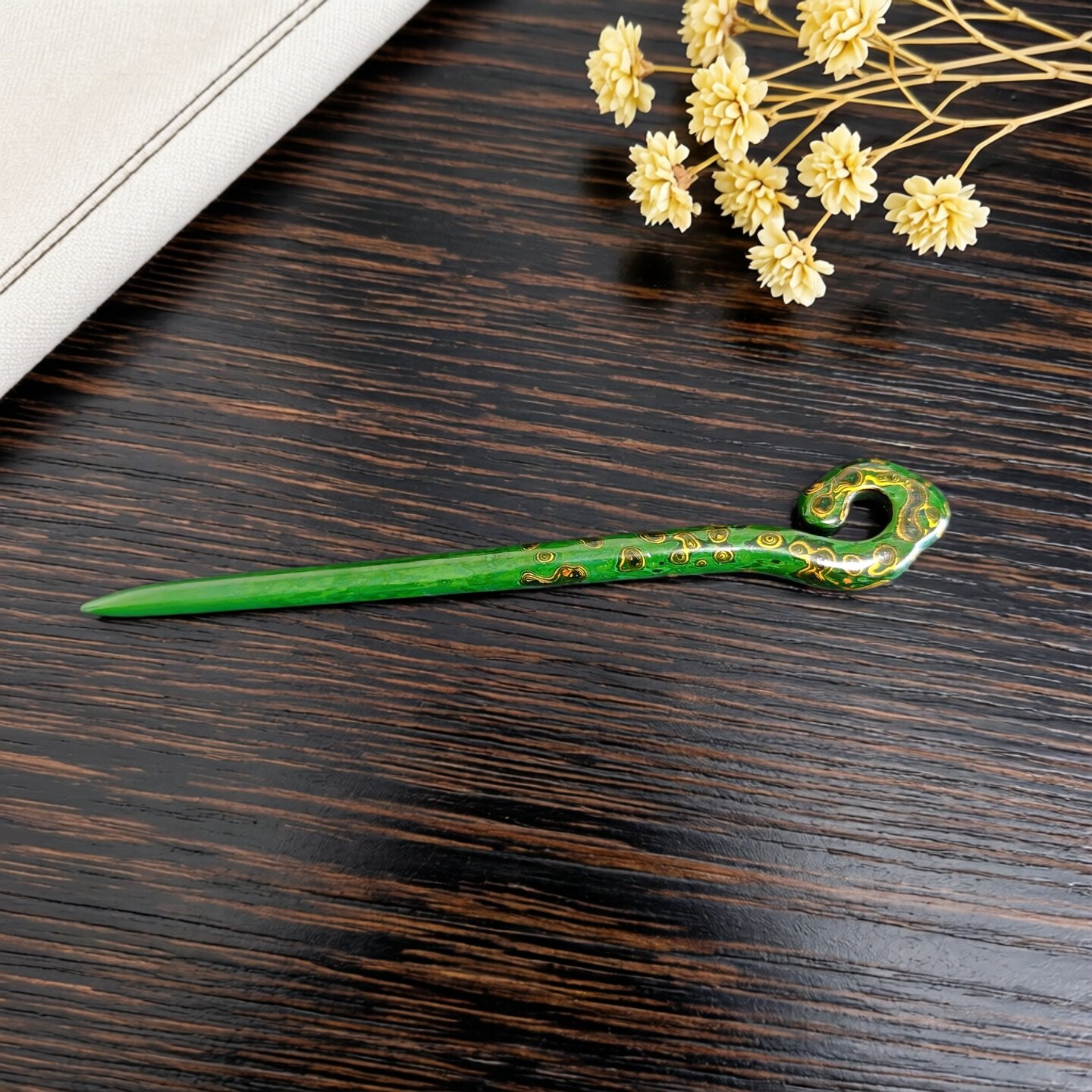 犀皮漆艺 手工天然大漆 墨绿金菠萝漆 紫光檀木中式 祥云盘发簪子