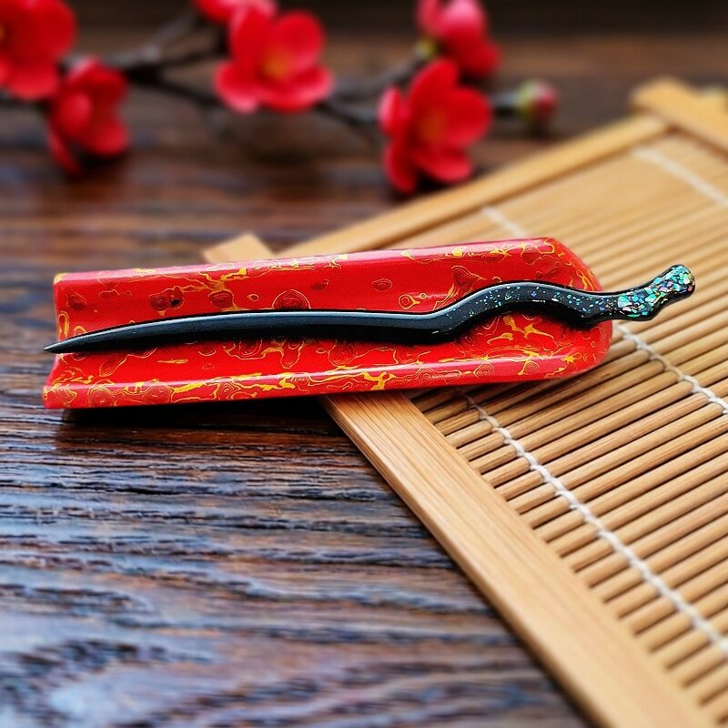 非遗漆艺 纯手工天然大漆 黑金螺钿 紫光檀木简约百搭 盘发钗簪子