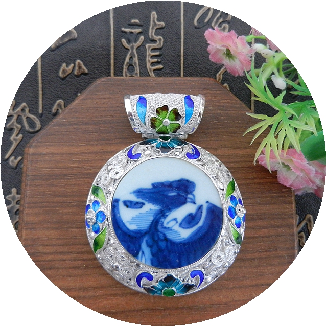 手工925纯银胎珐琅烧蓝花丝镶嵌 康熙青花凤 老瓷古瓷首饰 吊项坠