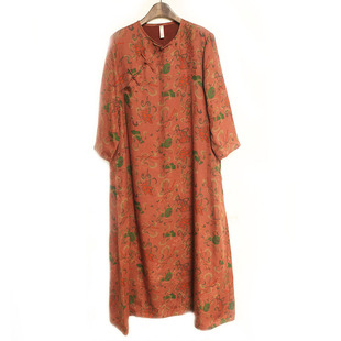 河泥原创设计真丝桑蚕丝花萝香云纱圆领盘扣飞天款连衣裙大袍子