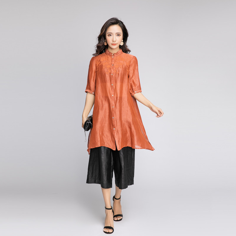 River mud Original design Retro Chinese style Stand collar Polyandrum Split ends literature Embroidery Mid length version Elbow sleeve shirtin the Women's clothing/Boutique , Shirt  category - from Buy2taobao.com to provide professional Taobao agent buy service