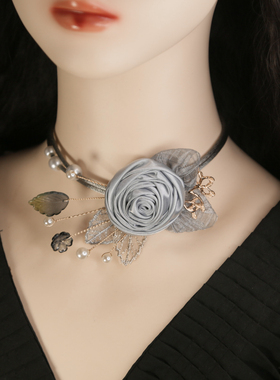 灰粉原创手工项链洛丽塔花朵新款复古巴洛克气质设计锁骨蕾丝颈链