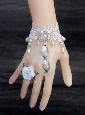 lolita配饰白色手链戒指一体新娘哥特复古蕾丝爆款花朵树叶手腕