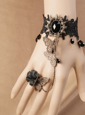 艾米米复古原创新款哥特宫廷风蕾丝手链连指洛丽塔戒指萝莉手环