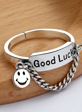 YES 笑脸好运戒指s925银小清新复古风链条流苏指环女韩国饰品批发