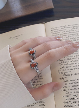 YES S925纯银祥云葫芦南红戒指时尚做旧亮面哑光指环食指戒气质