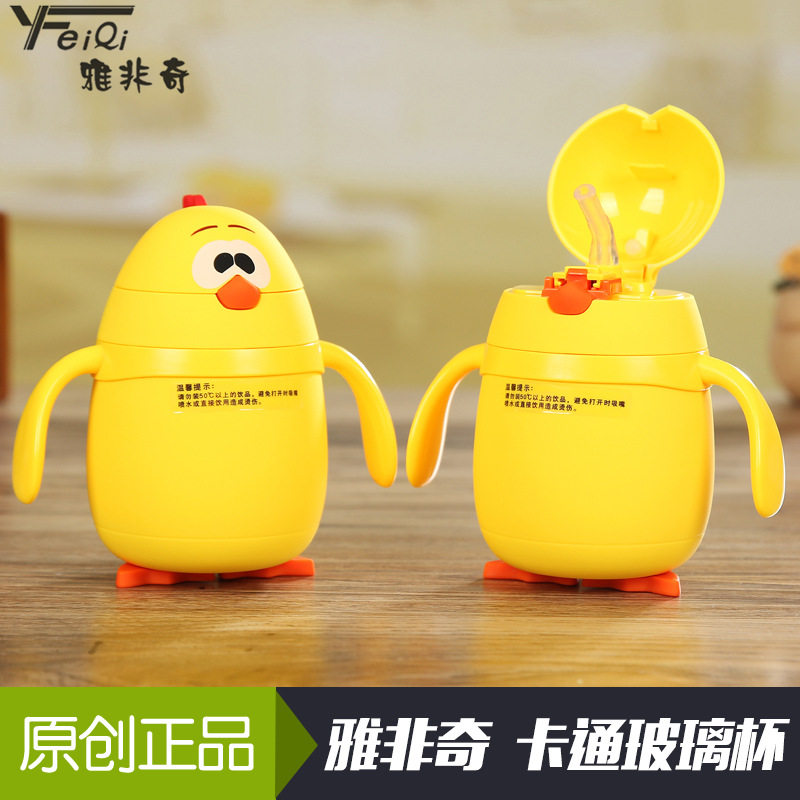 小鸡龙猫吸管玻璃杯创意韩国水杯男女学生卡通茶杯带盖儿童杯子