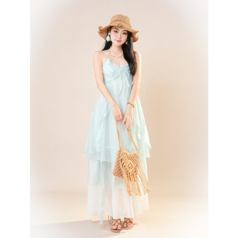 【薄荷蓝盛夏】古着设计感2025年夏度假氛围感温柔气质挂脖连衣裙