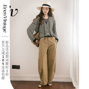 慵懒松弛时髦感系带V领宽松透气T恤上衣 Even Vintage 经典 条纹