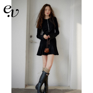 芭蕾精灵异型贝壳扣温柔小黑裙连衣裙 韩国进口醋酸 Even Vintage
