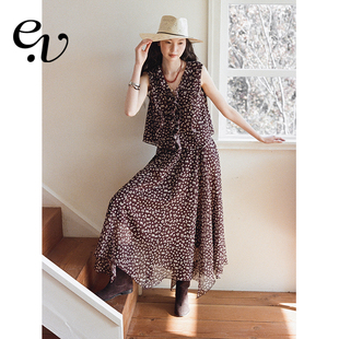 Even Vintage | 碎花无袖上衣V领荷叶边宽松雪纺衫半身裙套装