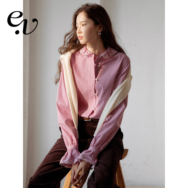 Even Vintage|100%新疆长绒棉 多巴胺刺绣花边甜美复古感秋冬衬衫