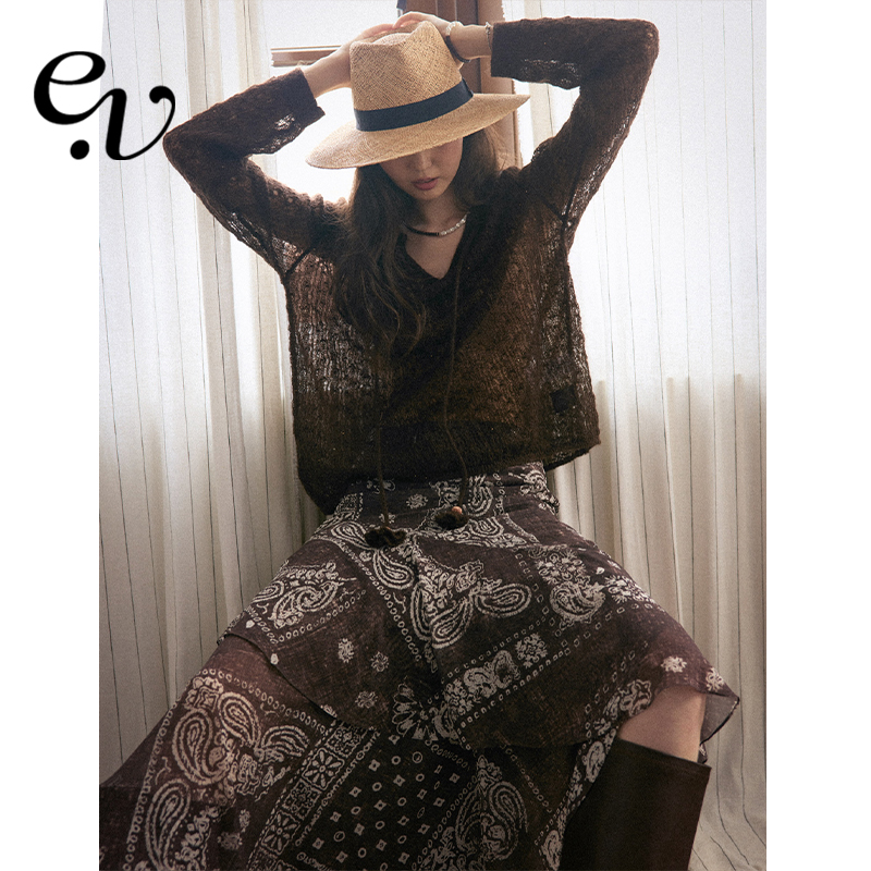 Even Vintage | 康赛妮羊毛马海毛 亮片镂空朦胧感落肩针织上衣女