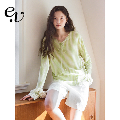 Even Vintage | 100%亚麻 宽松绿色条纹系带套头针织衫上衣