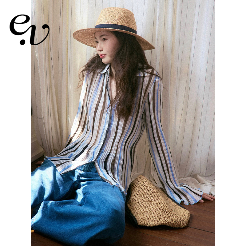 Even Vintage |  复古时髦 蓝棕竖条纹优雅长袖印花压褶衬衫上衣
